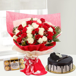 Red N White Roses Bunch & Cake With Rocher